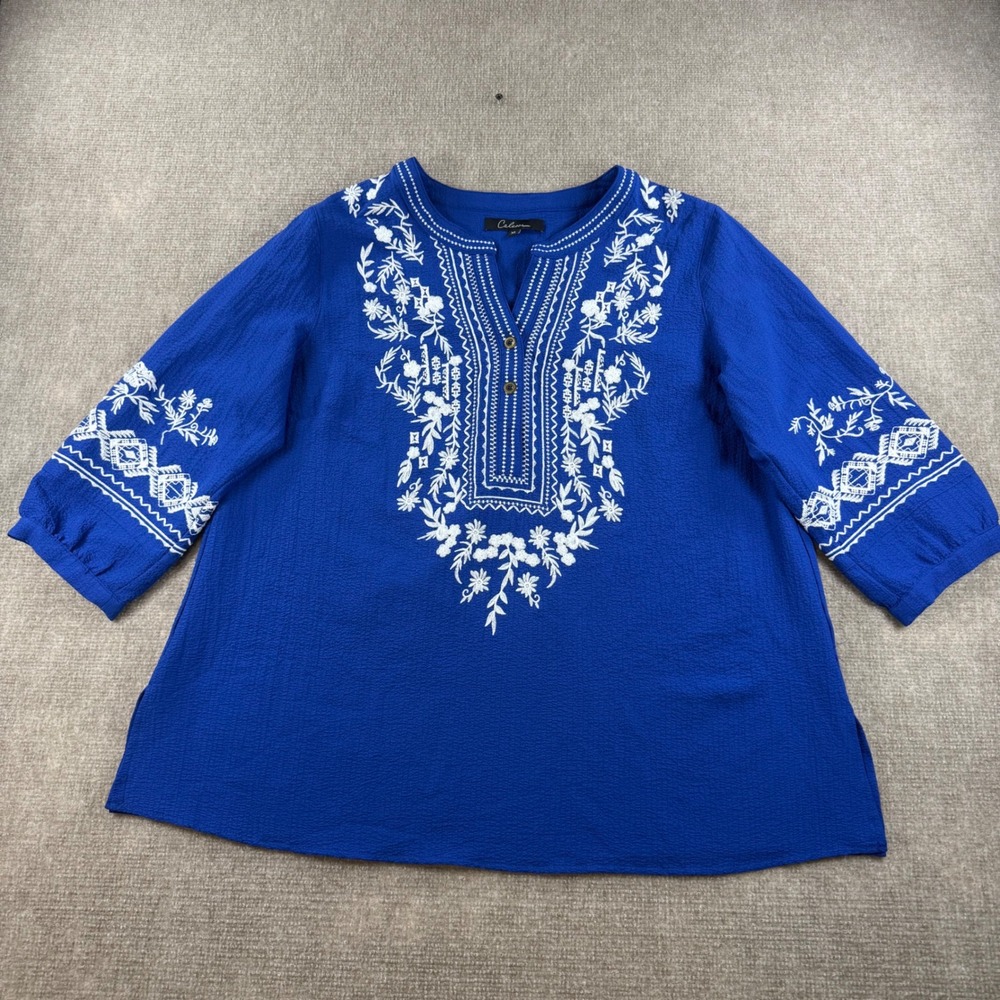 Calessa Women's XL Royal Blue Embroidered Boho Crinkle Blouse 3/4 Sleeve Top